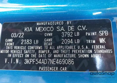 2022 Kia Forte Gt-Line z USA, uszkodzony, nr VIN 3KPF54AD7NE469086